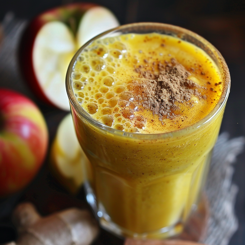 A glass brimming with our frothy yellow Spiced Golden Delight Smoothie, crowned with a sprinkle of cinnamon. Bursting with goodness, this nutritious blend features fresh apples and zesty ginger, offering a symphony of flavors. Set against a dark wooden backdrop that highlights the authentic ingredients and eco-friendly vibe, this vibrant smoothie promises to energize your day with every sip!