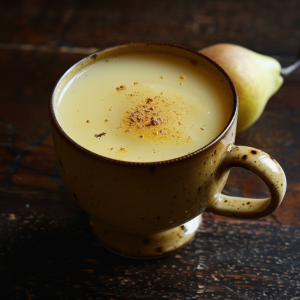 A vibrant, beige ceramic mug brimming with our Spiced Golden Pear Cider, sprinkled generously with aromatic spices, is set against a rustic wooden table. Nearby, a fresh whole pear adds a touch of natural elegance. This delightful drink is bursting with goodness and packed with health benefits. Savor the perfect harmony of flavors while knowing you're choosing eco-friendly freshness from Zestful Blends!