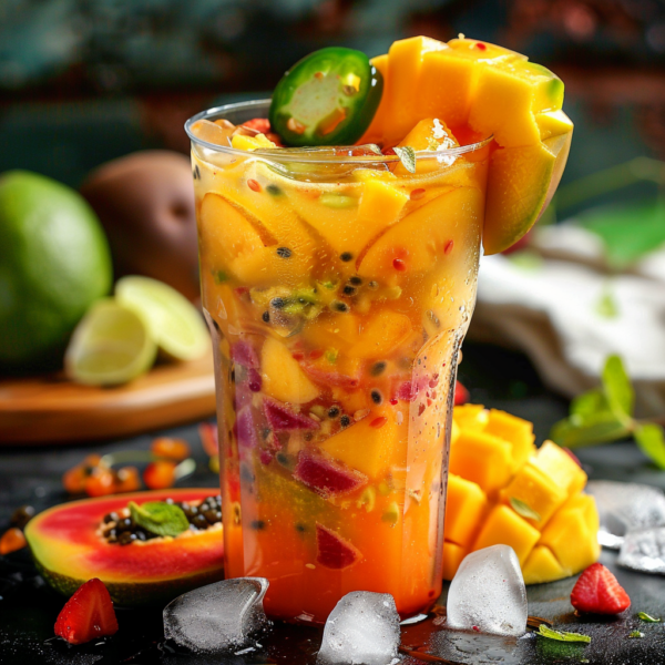 A tall glass brimming with our Spicy Mango Mambo, bursting with the goodness of ripe mango, papaya, kiwi, and strawberries. This vibrant tropical delight is topped with a fresh mango slice and a jalapeño for that irresistible spicy kick. Surrounded by ice cubes and more luscious fruits in the backdrop, it's your perfect partner for a zestful summer dance! Dive into health and vitality with Zestful Blends—where freshness meets flavor in every sip. Enjoy our eco-friendly creations that not only tantalize your taste buds but also nurture Mother Earth.