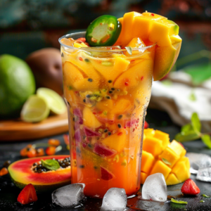 A Spicy Mango Mambo, brimming with pieces of fresh mango, vibrant passion fruit seeds, luscious diced strawberries, and a medley of aromatic herbs. Garnished with a tantalizing sliced mango top and spicy jalapeño, this drink delivers the perfect kick. Bursting with goodness and eco-friendly flair, it's nestled among ice cubes and an array of fruits against an artfully blurred background that captures the lively mambo spirit. Indulge in a Zestful Blends creation that's as refreshing as it is revitalizing!