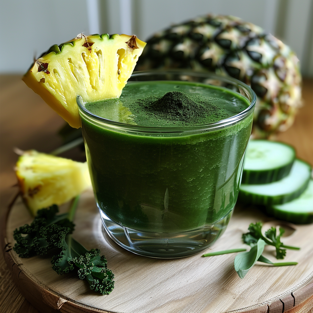 A Spirulina Sunrise Smoothie in a glass, garnished with a vibrant pineapple slice, sits on a rustic wooden surface. Surrounding the refreshing drink are crisp cucumber slices, nutrient-packed kale, fragrant sage leaves, and succulent pineapple pieces—all bursting with goodness. In the background, an entire pineapple stands proudly. This delightful blend from Zestful Blends is not only rich in health benefits but also showcases our commitment to fresh and eco-friendly ingredients!