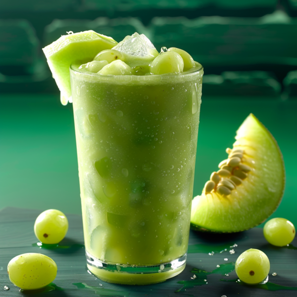 Dive into the vibrant freshness of our Starfruit Splash Smoothie, a deliciously revitalizing blend. Bursting with goodness, this smoothie features juicy pieces of melon, grape, and starfruit in every sip. Served in a tall glass with ice cubes to keep it crisp and cool, it's garnished with a luscious melon slice for an extra touch of indulgence. Surrounding the glass are additional grapes and starfruit slices on a beautifully green surface that reflects our commitment to eco-friendly practices. Enjoy the health benefits and unbeatable freshness of Zestful Blends!