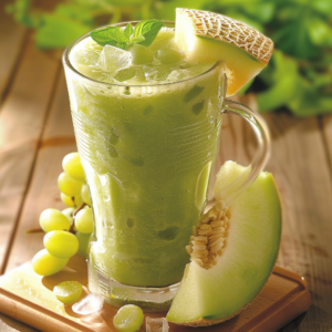 A vibrant frosty glass of Starfruit Splash Smoothie, bursting with goodness and garnished with a fresh slice of melon and mint leaves, invites you to indulge in a refreshing treat. Surrounding the smoothie are juicy green grapes, starfruit slices, and crisp melon pieces, all arranged on a rustic wooden surface. The blurred green background accentuates the explosion of natural colors and highlights the farm-fresh quality of our ingredients. Discover Zestful Blends' eco-friendly commitment in every healthful sip!