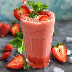 A tall glass brimming with our frothy Strawberry Guava Groove Smoothie, adorned with fresh mint leaves and a luscious strawberry slice on the rim. This vibrant drink is surrounded by whole and sliced strawberries, with refreshing ice cubes scattered on a sleek gray surface. Bursting with goodness, our smoothie packs health benefits in every sip while keeping it fresh and eco-friendly—an invigorating taste of Zestful Blends' commitment to wholesome living!