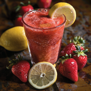 A tall glass of our Strawberry Spice Smoothie, bursting with goodness, stands proudly on a rustic wooden surface. Garnished with a refreshing lemon slice, this vibrant smoothie offers an enticing blend of zesty and sweet flavors. Surrounding the glass are halved and whole strawberries alongside freshly sliced lemons, highlighting the abundant freshness in every sip. Perfect for savoring this delightful strawberry treat, our eco-friendly packaging ensures you're enjoying nature's best while caring for the planet. Indulge in Zestful Blends’ healthy and invigorating smoothie experience!