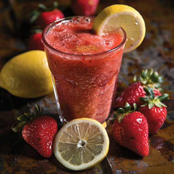 A tall glass of our Strawberry Spice Smoothie, bursting with goodness, stands proudly on a rustic wooden surface. Garnished with a refreshing lemon slice, this vibrant smoothie offers an enticing blend of zesty and sweet flavors. Surrounding the glass are halved and whole strawberries alongside freshly sliced lemons, highlighting the abundant freshness in every sip. Perfect for savoring this delightful strawberry treat, our eco-friendly packaging ensures you're enjoying nature's best while caring for the planet. Indulge in Zestful Blends’ healthy and invigorating smoothie experience!