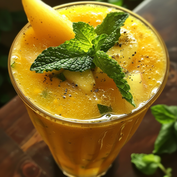 Indulge in our Summer Squash Sipper Smoothie, a vibrant delight bursting with goodness! Garnished with fresh mint and juicy mango slices, this frothy blend is a refreshing testament to Zestful Blends' commitment to health and freshness. Served in an eco-friendly clear glass on a rustic wooden surface, the lush mint leaves scattered around underscore its natural charm. Discover the perfect harmony of flavor and wellness in every sip!