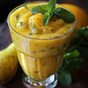 Indulge in the vibrant zest of our Summer Squash Sipper Smoothie, bursting with goodness and the freshest ingredients! This refreshing blend features a rich, smooth texture speckled with wholesome herbs or fruit bits. Garnished with fragrant mint leaves, it's your perfect companion for a healthful boost. In the backdrop, discover hints of whole pears, oranges, and summer squash—an eco-friendly nod to nature's bounty. Savor the impeccable taste and nutritional benefits in every sip!