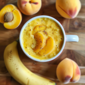 Experience the vibrant health benefits with our Sunny Peach Delight smoothie, bursting with goodness! A white mug brims with creamy yellow bliss, crowned by luscious peach slices. Surrounding this delightful treat are whole peaches, a halved peach showcasing its juicy center, and a ripe banana—all arranged on a rustic wooden surface. Each ingredient is as fresh as it comes, bringing you Zestful Blends' promise of pure vitality in every sip. Enjoy the freshness and eco-friendly choices that make our fruit salads, juices, snacks, smoothies, whole fruit packs, and desserts stand out!