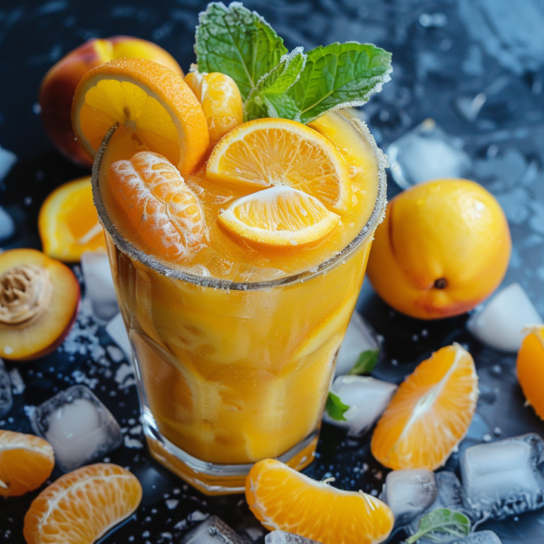 Savor the Sunrise Citrus Swirl in a tall, elegant glass, bursting with goodness and garnished with zesty orange slices, refreshing tangerine segments, and fragrant mint leaves. Nestled amidst fresh peaches, juicy tangerine segments, and sparkling ice cubes on a sleek dark background. The sugar-coated rim elevates the invigorating citrus blend to new heights of flavor. Experience the pure freshness of Zestful Blends—as vibrant as the dawn itself! 🌞🍊 Perfectly crafted with health-boosting ingredients and served in eco-friendly packaging for guilt-free enjoyment.