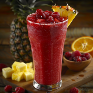 A tall glass brimming with our vibrant, red "Sunset Berry Bliss" smoothie, crowned with fresh raspberries and elegantly garnished with a slice of pineapple. Encircling the glass, you'll find juicy pineapple chunks, a bowl of luscious raspberries, half an orange bursting with zest, and a whole pineapple in the background. This scene captures true berry bliss reminiscent of a tropical sunset. Experience healthful indulgence with every sip at Zestful Blends—where freshness meets vibrant vitality!