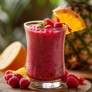 Behold the vibrant Sunset Berry Bliss smoothie, a refreshing glass of radiant red bursting with goodness! Garnished with luscious whole raspberries, a zesty orange slice, and a fresh mint sprig, this smoothie is surrounded by nature’s finest: plump raspberries, juicy orange wedges, and a tropical pineapple. Dive into the health benefits of our fresh fruit blends—all crafted to invigorate your senses. Embrace Zestful Blends' commitment to serving eco-friendly and deliciously nutritious creations for every taste bud.