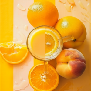 A zesty citrus celebration featuring whole oranges, a sliced orange, and a juicy peach encircles a refreshing glass of Sunshine Citrus Blast. Set against a lively striped backdrop in radiant shades of yellow and orange, droplets of juice gleam like tiny bursts of natural vitality. This vibrant arrangement showcases the exceptional freshness and health benefits bursting forth from Zestful Blends' premium fruit salads, revitalizing juices, wholesome snacks, invigorating smoothies, convenient whole fruit packs, and mouth-watering desserts. All crafted with love for your well-being and our planet!