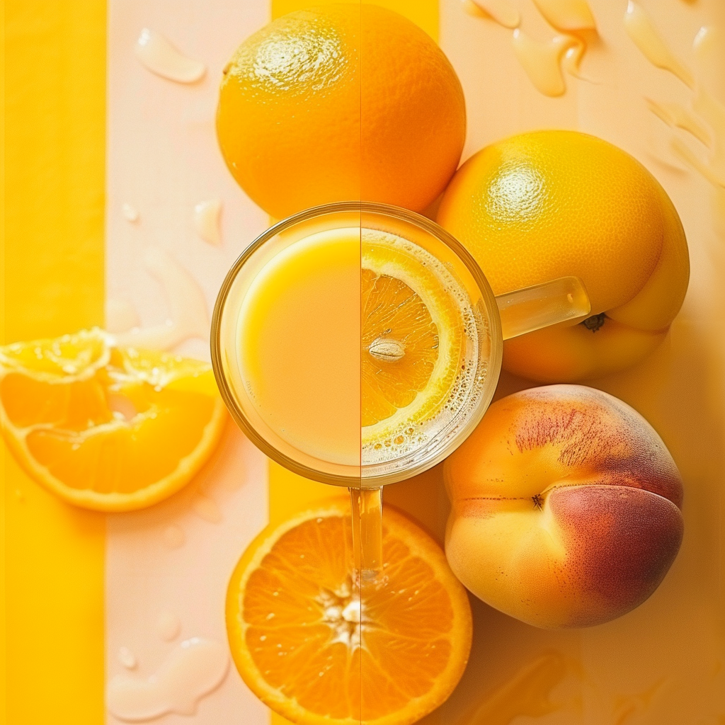 A zesty citrus celebration featuring whole oranges, a sliced orange, and a juicy peach encircles a refreshing glass of Sunshine Citrus Blast. Set against a lively striped backdrop in radiant shades of yellow and orange, droplets of juice gleam like tiny bursts of natural vitality. This vibrant arrangement showcases the exceptional freshness and health benefits bursting forth from Zestful Blends’ premium fruit salads, revitalizing juices, wholesome snacks, invigorating smoothies, convenient whole fruit packs, and mouth-watering desserts. All crafted with love for your well-being and our planet!