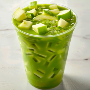 A clear plastic cup brimming with our vibrant Tangy Starfruit Swirl Smoothie, crowned with succulent green apple chunks and refreshing ice cubes. This invigorating blend features crisp slices of green apple, cool cucumber, and a zesty hint of starfruit—all bursting with goodness. Against a softly textured white backdrop, this smoothie is as visually delightful as it is nutritious. Enjoy the perfect harmony of flavors and freshness that only Zestful Blends can deliver. Plus, our eco-friendly packaging ensures you're caring for the planet while savoring pure health in every sip!