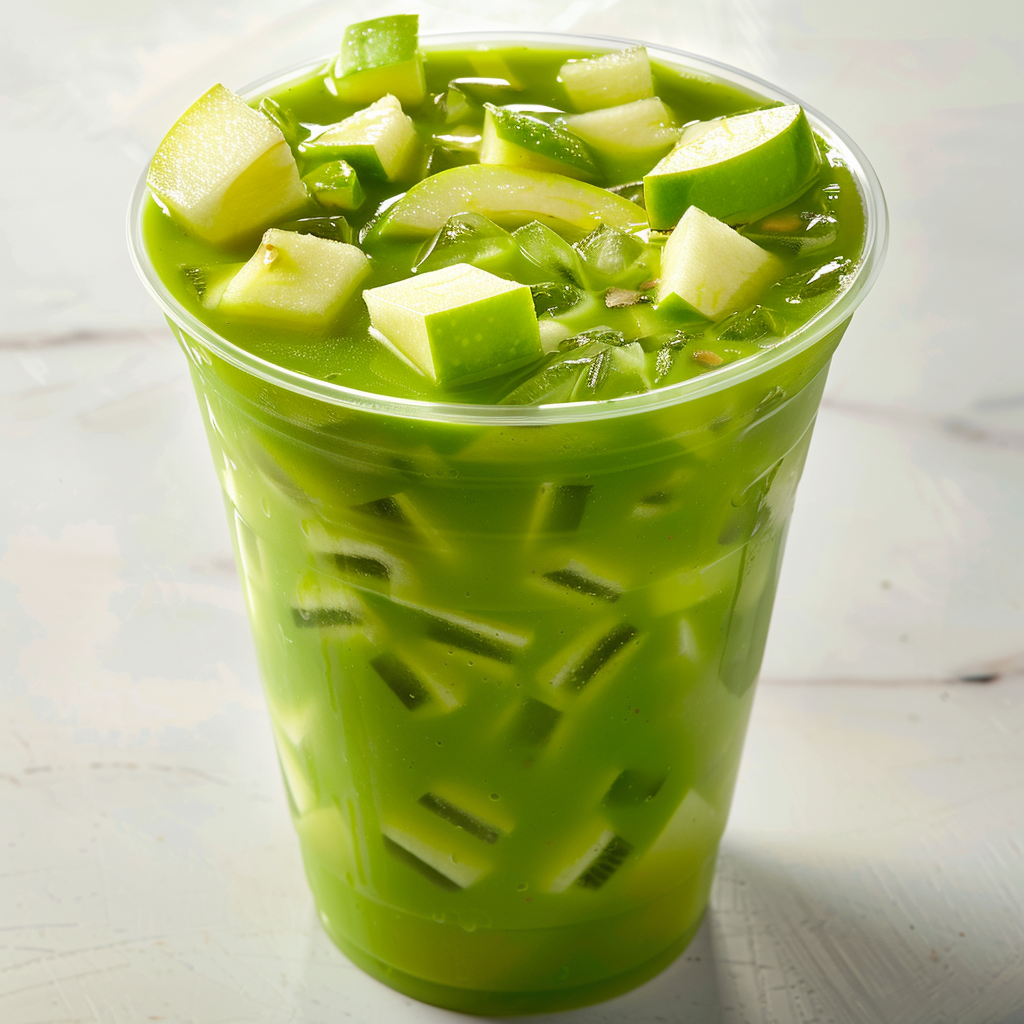 A clear plastic cup brimming with our vibrant Tangy Starfruit Swirl Smoothie, crowned with succulent green apple chunks and refreshing ice cubes. This invigorating blend features crisp slices of green apple, cool cucumber, and a zesty hint of starfruit—all bursting with goodness. Against a softly textured white backdrop, this smoothie is as visually delightful as it is nutritious. Enjoy the perfect harmony of flavors and freshness that only Zestful Blends can deliver. Plus, our eco-friendly packaging ensures you’re caring for the planet while savoring pure health in every sip!