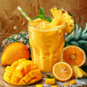 Indulge in our Tropical Breeze Smoothie, a vibrant blend of pineapple and mango chunks, garnished with a mint sprig – bursting with goodness! This refreshing delight is complemented by fresh mangoes, juicy pineapples, zesty orange slices, and cool melting ice cubes. Our smoothie is packed with essential vitamins and antioxidants to boost your health while radiating freshness. Presented in a clear glass to showcase its pure ingredients against a warm backdrop, powered by nature's finest. Enjoy the taste of paradise while supporting eco-friendly choices at Zestful Blends!