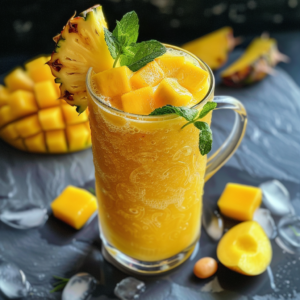 A vibrant and refreshing Tropical Breeze Smoothie in a clear glass, garnished with luscious mango cubes, a succulent pineapple slice, and a fresh sprig of mint. The backdrop features diced mango and sliced pineapple adorned with glistening ice cubes on a sleek black surface, perfectly capturing the essence of tropical bliss. Bursting with goodness, our Tropical Breeze Smoothie is packed with essential vitamins and nutrients that invigorate your senses while supporting your health. Experience the ultimate freshness and vitality in every sip. Embrace eco-friendly indulgence with Zestful Blends — where every product is crafted to enrich your wellbeing sustainably!