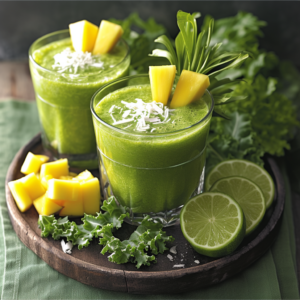 Two elegant glass cups brimming with our Tropical Fusion Frenzy, crowned with succulent pineapple chunks and fresh green herbs, rest atop a vibrant round wooden tray. This tantalizing drink is surrounded by crisp kale leaves, juicy pineapple pieces, and zesty halved lime slices, all beautifully arranged on a lush green cloth. Experience the ultimate in healthful indulgence with Zestful Blends - where every sip is bursting with goodness! Our eco-friendly commitment ensures that each product not only revitalizes you but also nurtures our planet. Dive into freshness and vitality today!