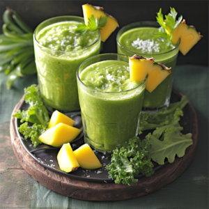 Three glasses of our Tropical Fusion Frenzy, a delightful blend bursting with goodness, are artfully garnished with sea salt, fresh parsley, and vibrant pineapple wedges. They sit elegantly on a wooden tray amid curly kale leaves and juicy pineapple chunks. The scene is further enhanced by additional kale leaves in the background and a rich dark green cloth, showcasing the fresh and eco-friendly ingredients that make every sip a healthful delight. Indulge in this tropical display that's not just delicious but also nutritious!