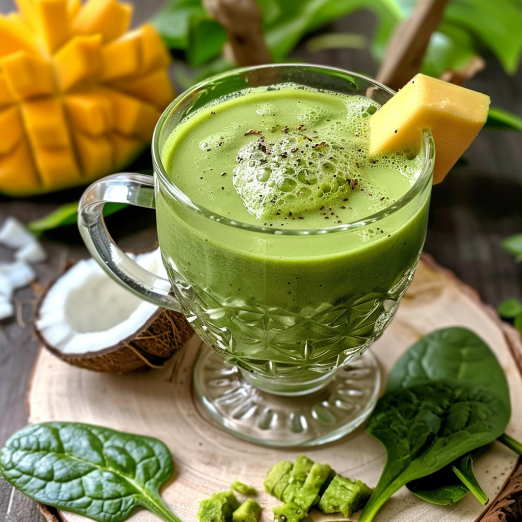 A frothy Tropical Green Wave smoothie, served in a clear glass with a vibrant square of mango on the rim. Bursting with goodness and natural vitality, this refreshing treat sits atop a wooden surface surrounded by fresh spinach leaves, juicy mango cubes, aromatic coconut shell pieces, and creamy diced avocado—evoking an irresistible symphony of tropical flavors. Perfectly crafted to invigorate your day with nature’s finest ingredients and mindful packaging choices that honor our planet.