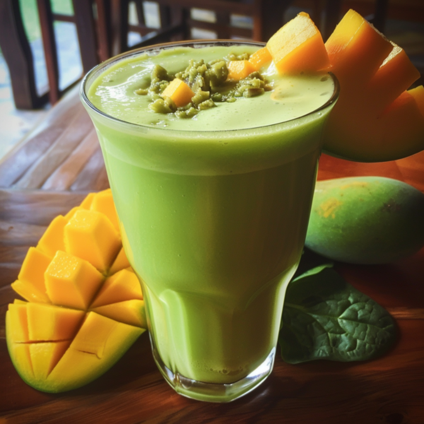 A tall glass filled with our vibrant Tropical Green Wave, bursting with the goodness of fresh mango and nutrient-rich greens, topped with juicy chunks of ripe mango and garnished with a succulent slice on the rim. Surrounding this energizing drink are slices of fresh mango, a whole plump mango, and crisp spinach leaves displayed on a rustic wooden table—delivering health benefits in every refreshing sip. Embrace the zest of our eco-friendly offerings that bring you the freshest flavors nature has to offer.