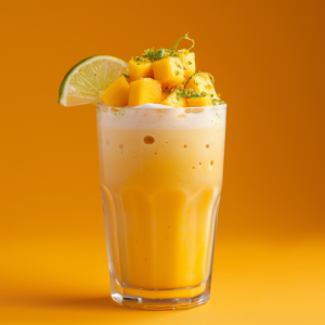 A tall glass of our creamy Mango Tango smoothie, brimming with fresh mango chunks, a zesty slice of lime, and finely chopped herbs. The vibrant yellow background radiates tropical vibes, making this refreshingly delightful blend a burst of goodness for your health. Packed with essential vitamins and bursting with freshness, it's the perfect way to energize your day. At Zestful Blends, our commitment to eco-friendly practices ensures every sip supports both you and the planet. Enjoy the vibrant vitality of our products and treat yourself to nature’s finest!