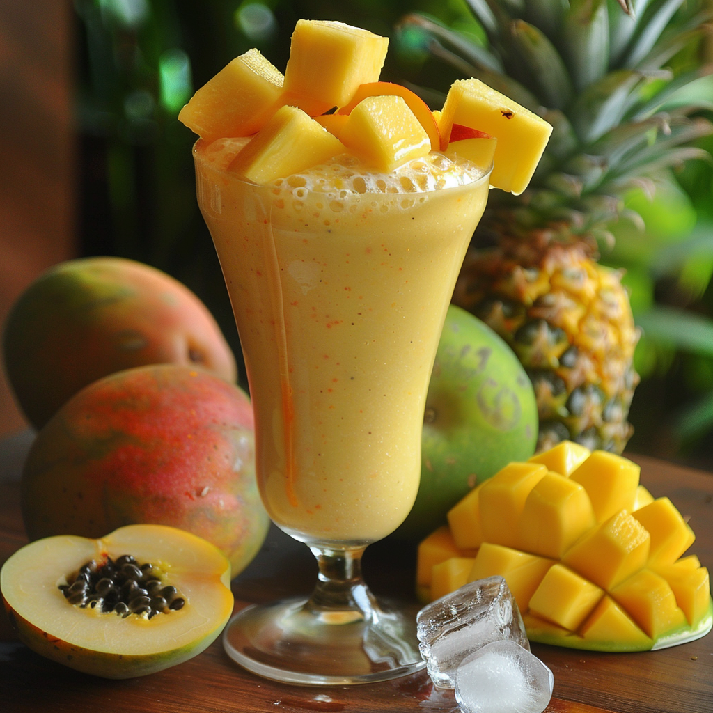 Discover the Tropical Orchard Escape, a vibrant, creamy yellow smoothie bursting with goodness! This rejuvenating blend is topped with succulent chunks of fresh mango and surrounded by a colorful array of whole and sliced mangoes, juicy pineapple, and halved papaya. Nestled on an eco-friendly wooden surface dotted with refreshing ice cubes, this orchard escape is your ticket to paradise. Packed with essential vitamins and nutrients, our smoothies promise not only delicious flavors but also incredible health benefits. Dive into freshness with Zestful Blends!