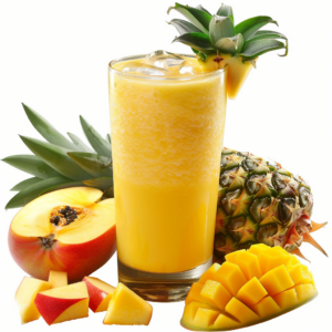 A tall glass of Tropical Orchard Escape, bursting with goodness and garnished with a vibrant pineapple top and wedge. Surrounding this tropical delight are a whole pineapple, juicy mango slices, fresh peach wedges, and an enticingly ripe peach with its pit. The ice cubes shimmer in the smoothie, delivering ultimate freshness. This is your perfect escape into an orchard paradise—a true testament to Zestful Blends' commitment to health benefits and eco-friendly choices. Indulge in the refreshing essence of nature's finest ingredients!