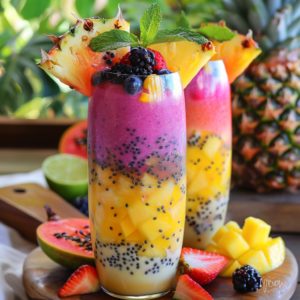 Two tall glasses of our Tropical Rainbow Fusion stand as a testament to nature's vibrant palette and bounty, each garnished with fresh pineapple slices, sprigs of mint, plump blackberries, and succulent strawberries. This tantalizing drink boasts layers of yellow, purple, and pink brimming with chia seeds—a delightful burst of goodness in every sip. Surrounded by an array of fresh fruits and lush greenery, our Tropical Rainbow Fusion is not only a feast for the eyes but also a celebration of health benefits. At Zestful Blends, we take pride in offering smoothies that are as eco-friendly as they are delicious.