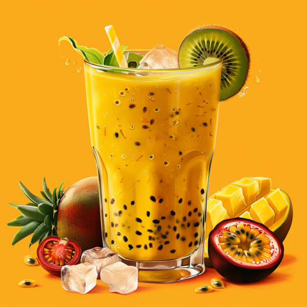 A revitalizing Tropical Sunset Smoothie in a glass, adorned with a vibrant kiwi slice and a fresh leafy garnish. This health-boosting drink is surrounded by an array of bursting-with-goodness fruits: succulent mangoes, tangy kiwis, exotic passionfruit, and lush tamarillos. Ice cubes scattered around, all set against a lively orange backdrop that captures the essence of a breathtaking sunset, evoke the freshness and vitality Zestful Blends promises in every sip. Enjoy our eco-friendly packaging as we bring you nature's finest flavors with an added zest for your health and wellness!