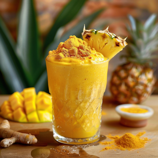 A radiant yellow Tropical Turmeric Cooler Smoothie, bursting with goodness and crowned with a fresh pineapple slice and a sprinkle of turmeric powder, stands proudly in an elegantly textured glass. Surrounding it are succulent mango chunks, a lush whole pineapple, and a dish filled with vibrant turmeric and ginger roots. This harmonious display of tropical ingredients highlights the unparalleled freshness and health benefits that Zestful Blends offers in every sip. Enjoy this eco-friendly blend that nourishes your body while caring for our planet.