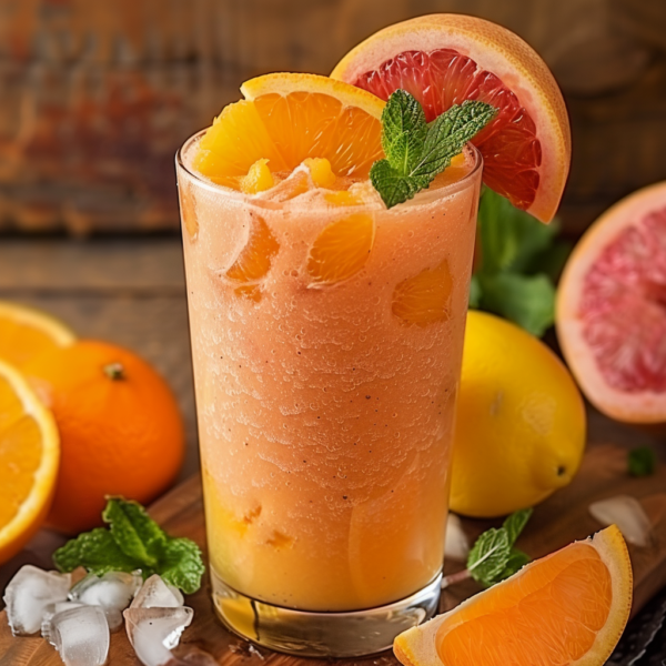 Immerse yourself in the vibrant essence of Zestful Blends with our Ultimate Citrus Burst smoothie! This refreshing drink, garnished with succulent slices of orange and grapefruit and a sprig of mint, is bursting with goodness. It’s surrounded by fresh oranges, zesty grapefruit halves, tangy lemon, and fragrant mint leaves on an eco-friendly wooden surface sprinkled with sparkling ice cubes. Perfectly crafted to deliver health benefits in every sip, this blend embodies the freshness you crave. Enjoy our premier range that includes fruit salads, freshly pressed juices, wholesome snacks, invigorating smoothies, whole fruit packs bursting with vitality, and decadent desserts—all designed to nourish your body and elevate your day!