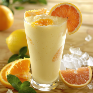 Experience a refreshing tropical delight with our "Ultimate Citrus Burst" smoothie! This tall glass of creamy orange goodness, garnished with an elegant orange slice, promises a burst of health benefits in every sip. Surrounding the glass are vibrant halves of fresh oranges and lemons, alongside cooling ice cubes and invigorating green mint leaves—each element echoing our commitment to freshness. Whether you're enjoying it as part of our fruit salads, juices, snacks, smoothies, whole fruit packs, or desserts lineup, this treat from Zestful Blends is not only bursting with goodness but also thoughtfully packaged to be eco-friendly. Dive into the zestful experience today!