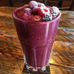 A tall glass filled with our vibrant Velvet Beet Bliss Smoothie, topped with frosted raspberries and blackberries, stands proudly on a rustic wooden table. This thick and refreshing smoothie, bursting with goodness, boasts a rich, deep color from its blend of fresh berries and nutrient-packed beets. Treat yourself to this healthful delight that's as good for the planet as it is for your body!