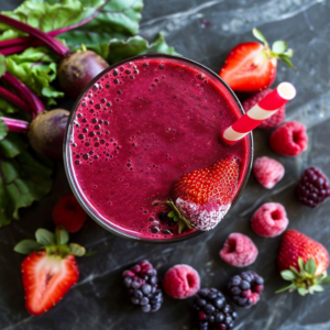 A vibrant red Velvet Beet Bliss Smoothie in a glass with a red and white striped straw, garnished with a fresh strawberry. Surrounding the glass are an array of bursting-with-goodness fresh berries, including strawberries, raspberries, blackberries, and nutrient-rich beet greens on a dark textured surface. This Velvet Beet Bliss Smoothie delight is pure perfection, offering you the freshest ingredients packed with health benefits. Enjoy the rich flavors and eco-friendly essence of Zestful Blends!