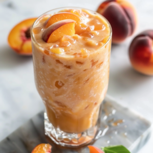 A frosty glass brimming with our Velvet Peach Rendezvous, crowned with succulent fresh peach slices. Surrounding the glass are whole and halved peaches, each bursting with juicy goodness on a sleek marble surface. The vibrant hues of the peaches and smoothie pop against the light backdrop, embodying Zestful Blends' perfect fusion of flavors and health benefits. Indulge in this refreshing treat that's as eco-friendly as it is delicious—each sip a delightful celebration of nature's bounty!