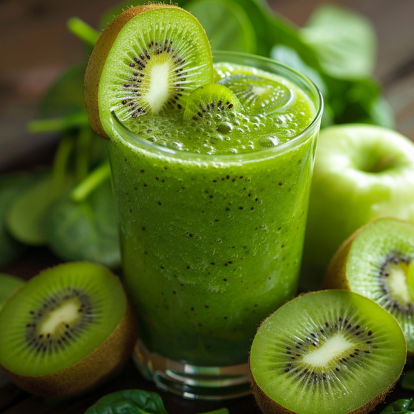 Experience the vibrant energy of Zestful Blends with our Verdant Verve Smoothie! This glass of green delight, garnished with fresh kiwi slices, is surrounded by whole and halved kiwis, crisp spinach leaves, and a juicy green apple. Bursting with goodness, this smoothie showcases the ultimate freshness of our ingredients. Dive into a world where health benefits meet eco-friendly goodness—perfectly blended just for you.