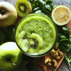 A Verdant Verve Smoothie, vibrant and bursting with goodness, sits topped with fresh kiwi slices. Surrounding it are wholesome ingredients: a halved zesty lemon, crisp spinach leaves, a juicy green apple, a luscious kiwi, and nutritious cashews. All are beautifully arranged on a wooden surface under bright light, highlighting their farm-fresh allure and the eco-friendly essence of Zestful Blends.