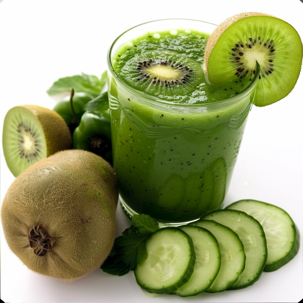 A glass brimming with our Verde Vita Smoothie, garnished with a vibrant kiwi slice, sits elegantly on a pristine white surface. Surrounding this burst of goodness are whole and sliced kiwis, refreshing cucumber slices, and fragrant mint leaves. Our Verde Vita Smoothie is the epitome of fresh and revitalizing nutrition – perfect for those who seek health in every sip. As always, Zestful Blends delivers eco-friendly freshness with every product!