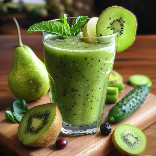 Indulge in the refreshing vitality of our Verde Vita Smoothie! Bursting with goodness, this vibrant green delight is artfully garnished with a slice of kiwi and fresh mint leaves. Surrounding the glass are nature's finest: crisp kiwi, juicy pear, hydrating cucumber, plump blueberries, and nutrient-rich greens—all gathered on a rustic wooden surface. Speckled with visible kiwi seeds, every sip promises a harmony of flavors and exceptional health benefits. At Zestful Blends, we're committed to bringing you premium freshness in every product while championing eco-friendly practices to nourish both you and the planet.