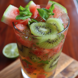 Immerse yourself in the refreshing allure of Zestful Blends' Watermelon Kiwi Wave! Bursting with goodness, this vibrant concoction features luscious watermelon chunks and delightful kiwi slices, all crowned with the invigorating touch of fresh mint leaves. Served in a tall, ice-filled glass that encapsulates pure freshness, this drink promises a wave of fruity flavors. A zesty cut lime playfully peeks from behind on a rustic wooden surface, adding to the wholesome charm. Discover the perfect blend of our health-packed ingredients and relish every sip from our eco-friendly servings. Indulge in nature's best with Zestful Blends!