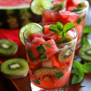 Indulge in the vibrant freshness of our healthful summer elixirs! This close-up captures a refreshing Zestful Blends drink, brimming with watermelon chunks, kiwi slices, fresh mint leaves, and tangy lime wedges — all floating serenely in a fizzy, crystal-clear liquid. In the background, another enticing beverage and an array of scattered fruit slices create a picturesque "Watermelon Kiwi Wave" of summertime vitality. Bursting with goodness and crafted from the freshest ingredients, our drinks not only invigorate your senses but also deliver nature’s best in every sip. Enjoy our eco-friendly concoctions that are as good for you as they are for the planet!