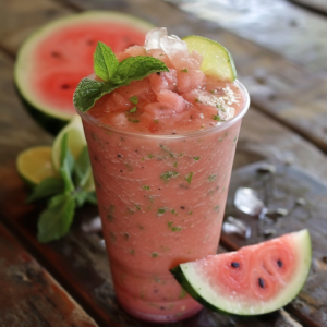 Indulge in the vibrant zest of our Watermelon Oasis Smoothie, bursting with goodness and brimming with health-boosting freshness. This revitalizing delight is elegantly served in a clear glass, topped with fresh mint leaves and a zesty lime wedge. Nestled on a rustic wooden table and surrounded by juicy watermelon slices and glistening ice pieces, this smoothie creates a refreshing summer oasis! Embrace the perfect blend of flavor and wellness with our eco-friendly approach to nutritious indulgence.