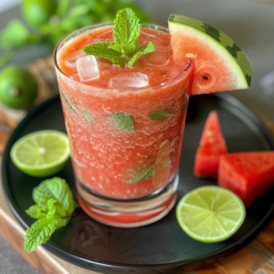 Experience the refreshing delight of our Watermelon Oasis Smoothie, a vibrant blend bursting with goodness. This smoothie, garnished with a juicy slice of watermelon and a sprig of fresh mint, sits elegantly on a sleek black plate. Surrounding the glass are zesty lime halves, aromatic mint leaves, and succulent watermelon wedges—all meticulously arranged on an eco-friendly wooden surface. Zestful Blends brings you this healthy treat that's as delightful to look at as it is to savor. Indulge in our range of fruit salads, juices, snacks, smoothies, whole fruit packs, and desserts—all designed for peak freshness and packed with essential nutrients!