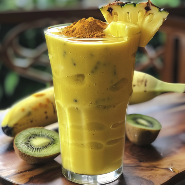 A tall glass of our radiant Yellow Jazz Smoothie, bursting with goodness and vibrantly topped with fresh pineapple slices and a sprinkle of antioxidant-rich turmeric powder. Nestled on a rustic wooden table, it’s accompanied by a whole banana, juicy sliced kiwi, and an extra slice of pineapple. In the backdrop, lush green foliage evokes the refreshing vitality that Zestful Blends brings to every serve. Relish in this nutrient-packed delight that’s crafted for your health and sourced with care for our planet.