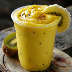 Feast your eyes on the Yellow Jazz Smoothie, bursting with goodness! Our vibrant blend, served in an eco-friendly clear cup, boasts the freshest ingredients. Topped with a luscious slice of kiwi and a dash of aromatic ground cinnamon, this smoothie promises a symphony of flavors. Nestled beside the cup are whole and half-sliced kiwis on a charming rustic wooden surface, showcasing our commitment to natural freshness. The enchanting black seeds scattered throughout herald the authenticity and nutrient-rich essence of our smoothies. At Zestful Blends, every sip celebrates health and vitality!