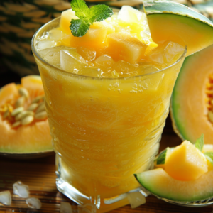 A refreshing glass filled with iced **Yellow Watermelon Wave**, bursting with goodness and garnished with luscious melon chunks and a sprig of fresh mint. Slices and pieces of golden cantaloupe grace the table, celebrating the vibrant vitality of nature's bounty. The radiant yellow hue of this invigorating juice beautifully contrasts with the green rind, exemplifying Zestful Blends' commitment to freshness and health. Eco-friendly practices ensure every sip is as kind to the planet as it is nourishing to your body.