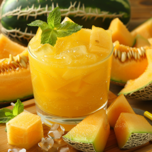 A revitalizing glass of Yellow Watermelon Wave, bursting with goodness and chilled to perfection with ice cubes, is elegantly garnished with a sprig of mint. Surrounding the glass are an array of fresh yellow watermelon slices and a whole melon, revealing the juicy and vibrant orange flesh. Experience the pure freshness that defines Zestful Blends’ commitment to health benefits and eco-friendly sourcing in every sip!