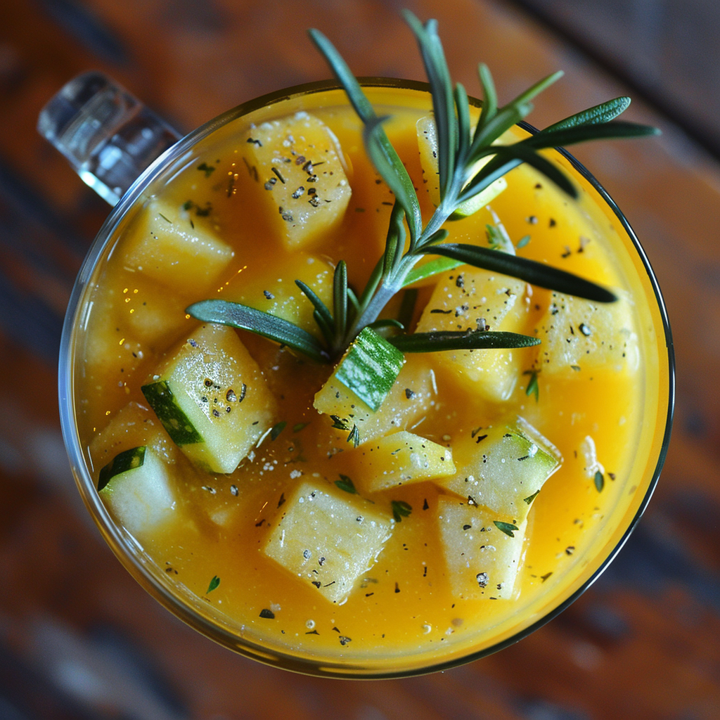 A vibrant glass of Yellow Squash Breeze, bursting with goodness, garnished with fragrant rosemary sprigs, topped with refreshing ice cubes and crisp cucumber chunks. This invigorating beverage is speckled with zesty black pepper and fresh herbs, served on a rustic wooden table. Enjoy the health-packed freshness of Zestful Blends, where every sip is an eco-friendly delight!